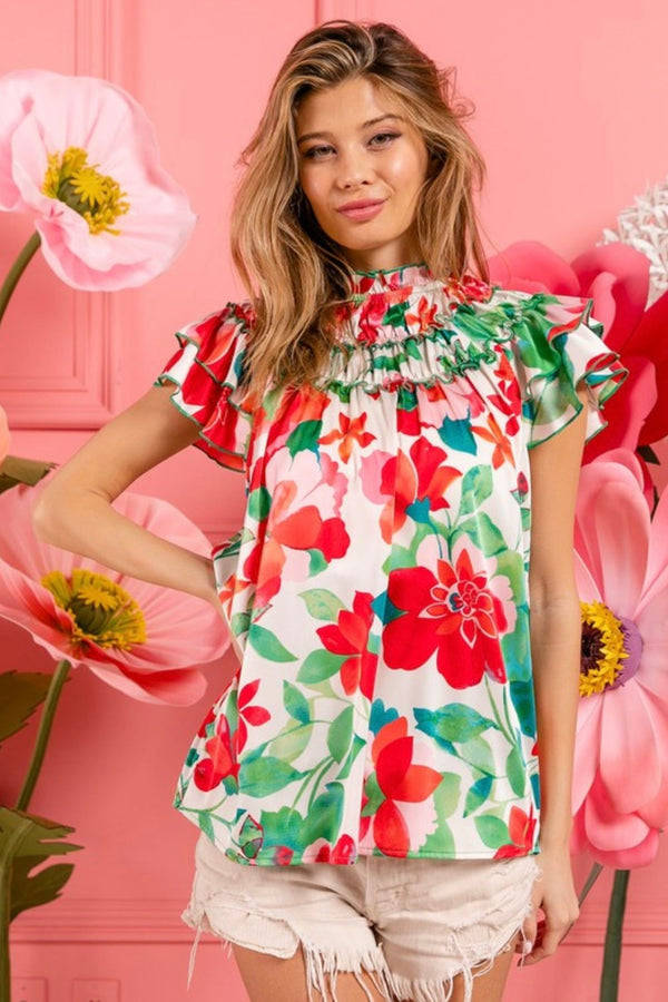 Tired ruffle floral blouse