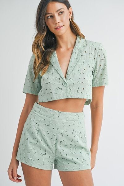 Eyelet Short Sleeve Crop Top and Shorts Set