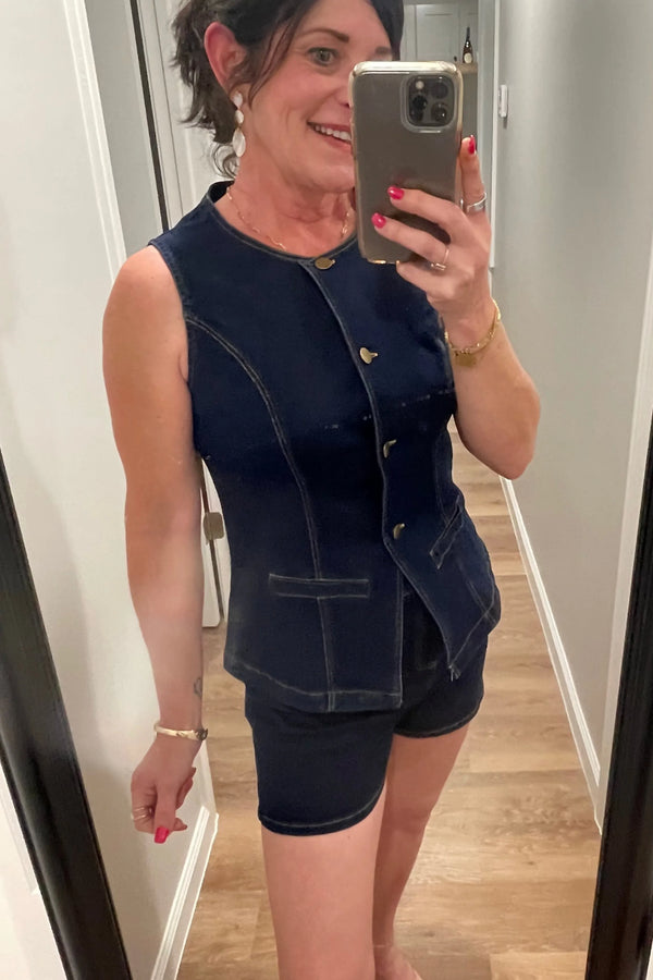 Button front denim vest set