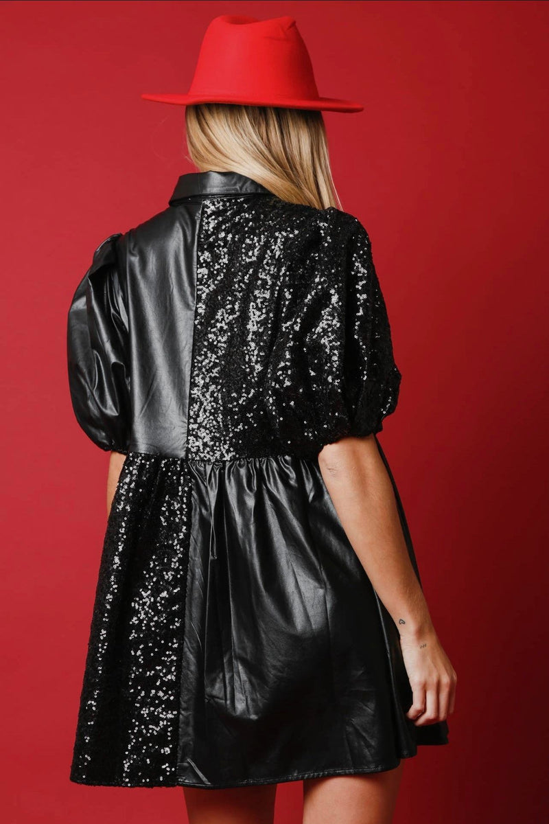 Shirra Sequin and Faux Leather Babydoll Dress