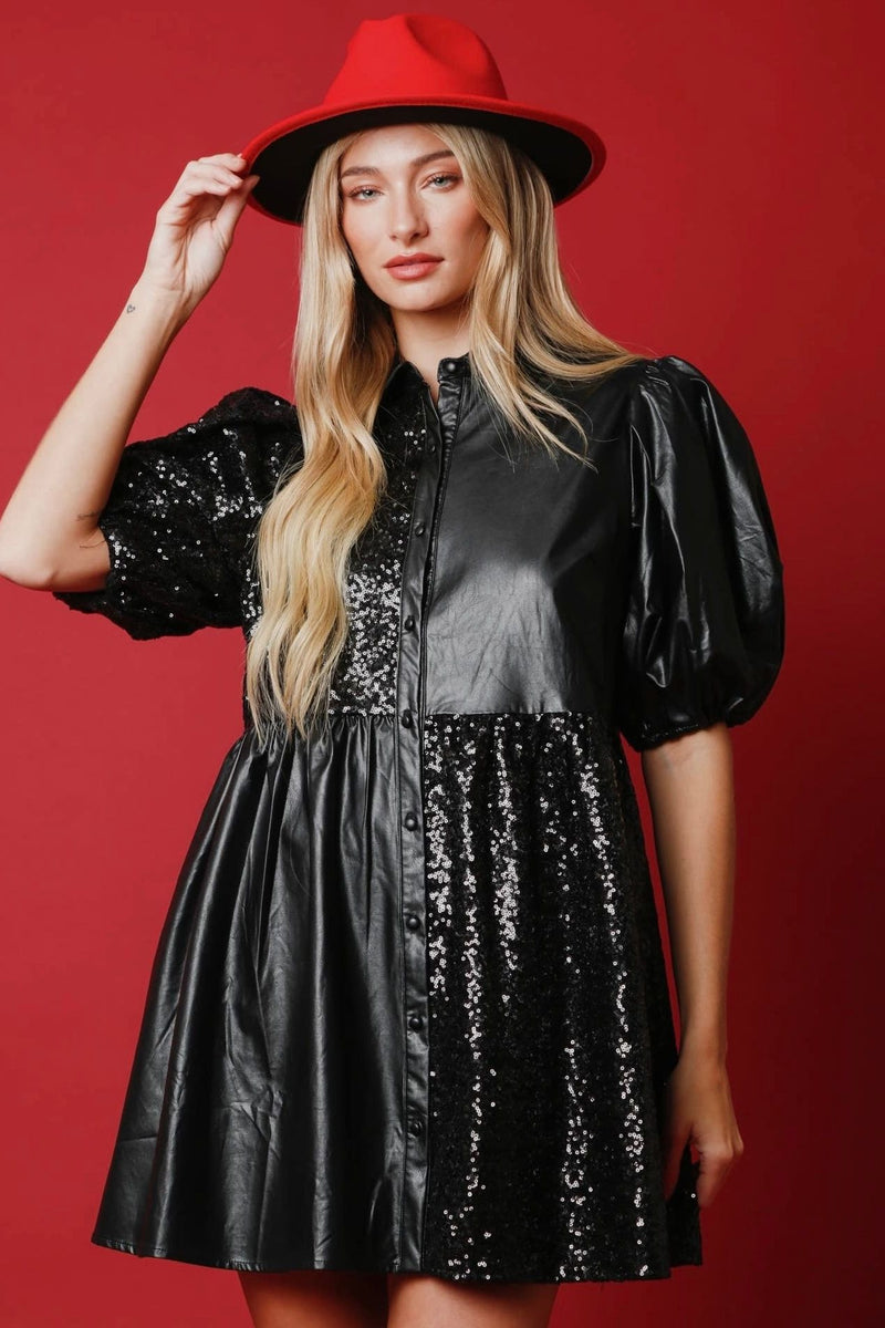 Shirra Sequin and Faux Leather Babydoll Dress