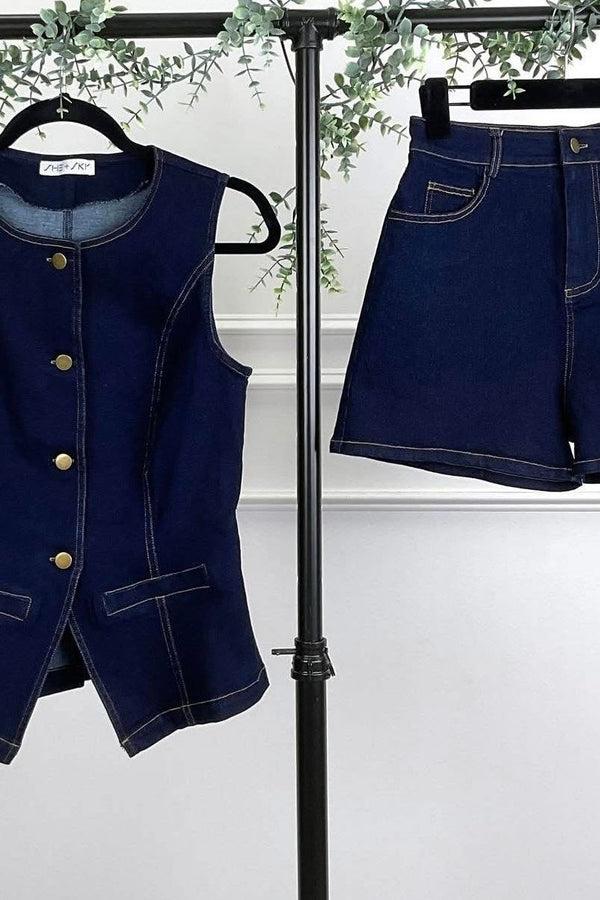 Button front denim vest set