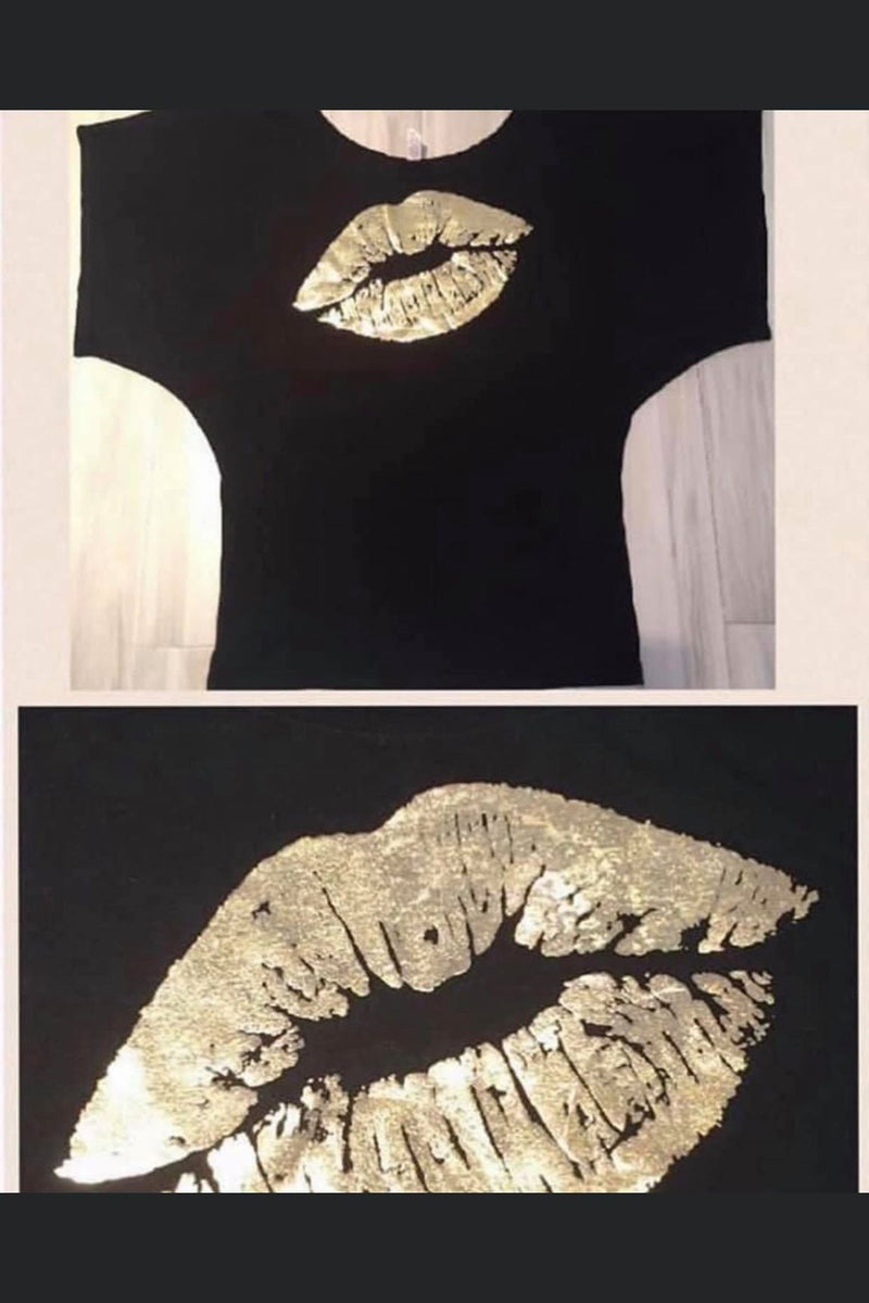 Gold foil lips dolman sleeve top