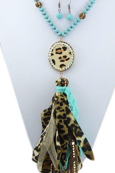 Leopard beaded tassel necklace and earring set