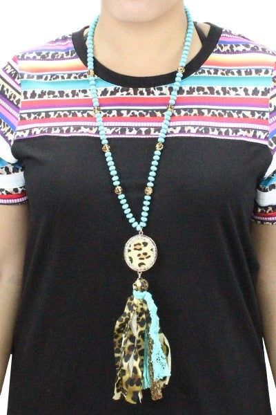 Leopard beaded tassel necklace and earring set