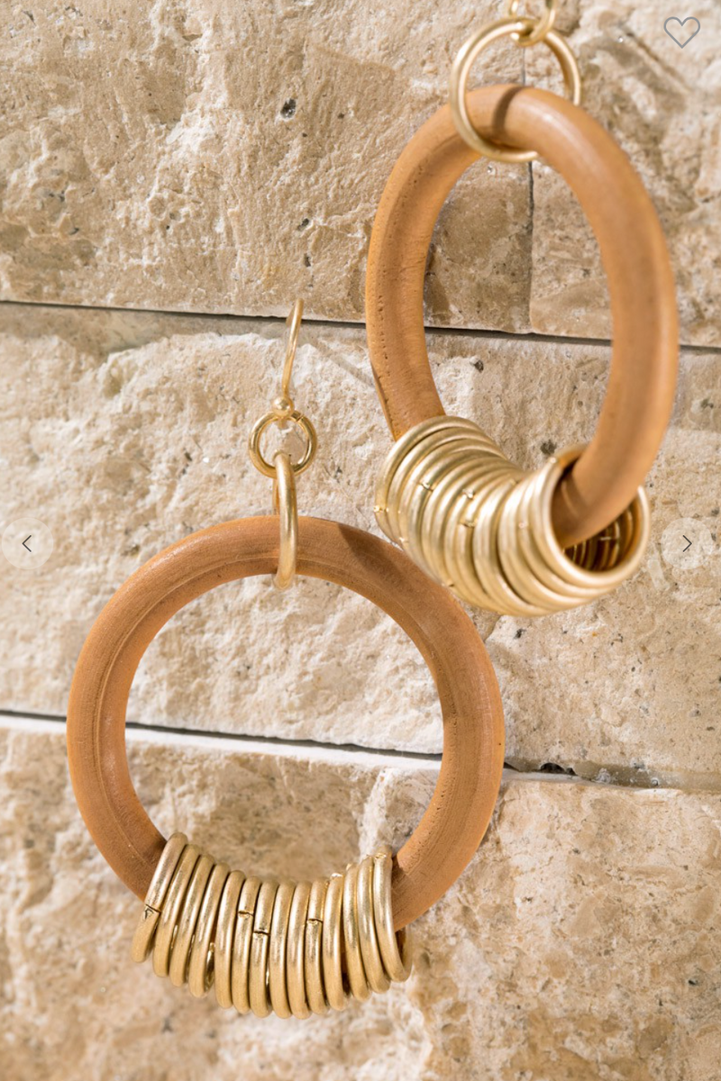Wood ring earrings with gold metal accents