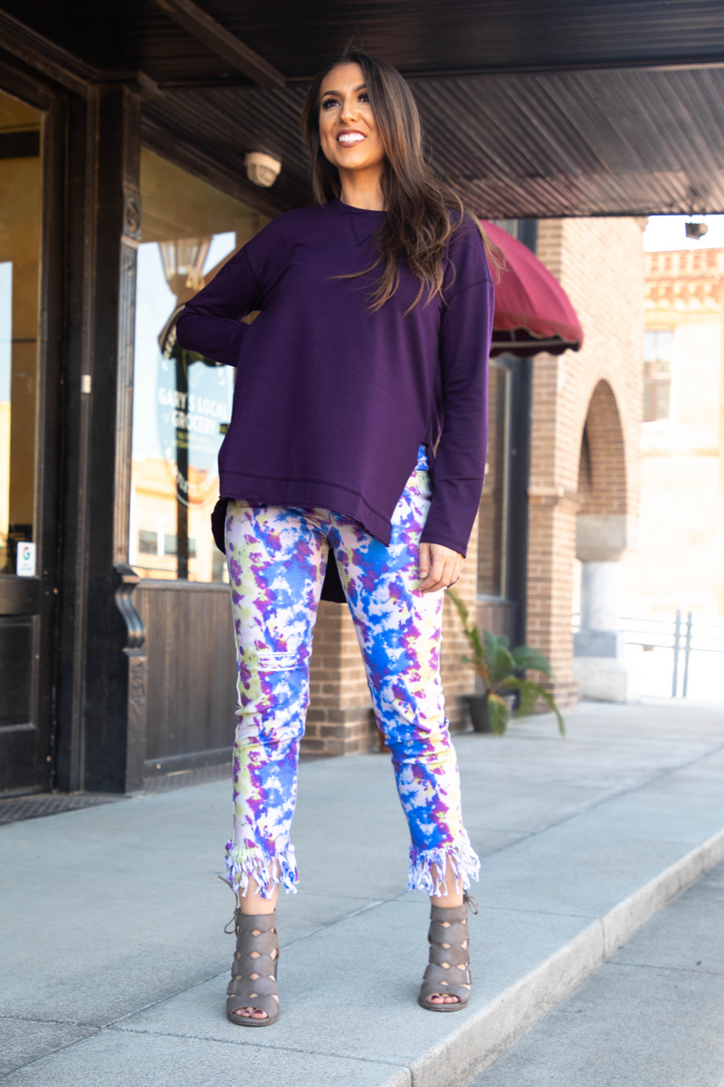 Tie-dye distressed self fringe hem jean