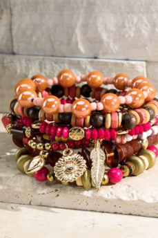 Wood, glass, and metal multi-layered stretch bracelet