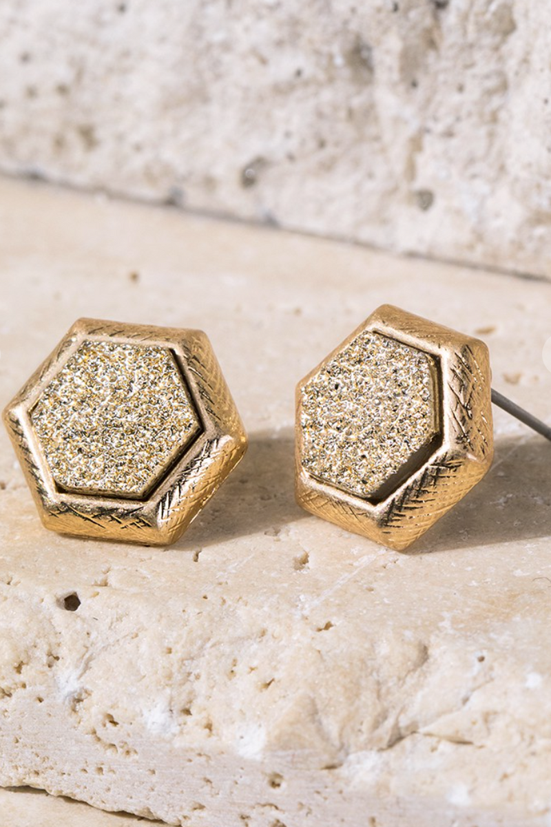 Hexagon shaped drusy in textured metal post earrings