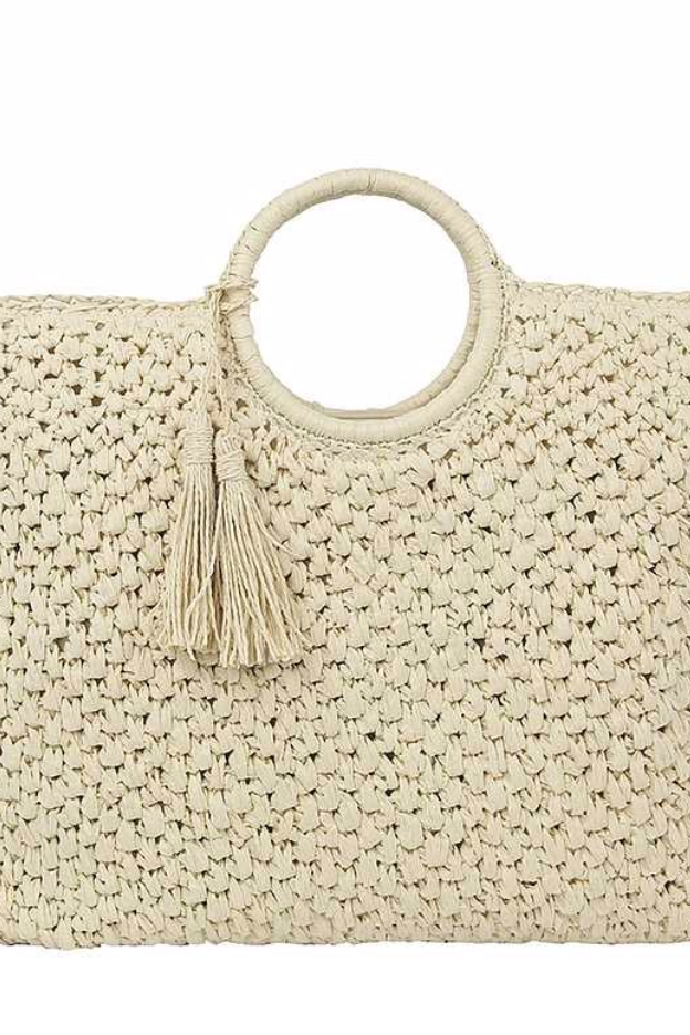 Woven straw tassel tote bag