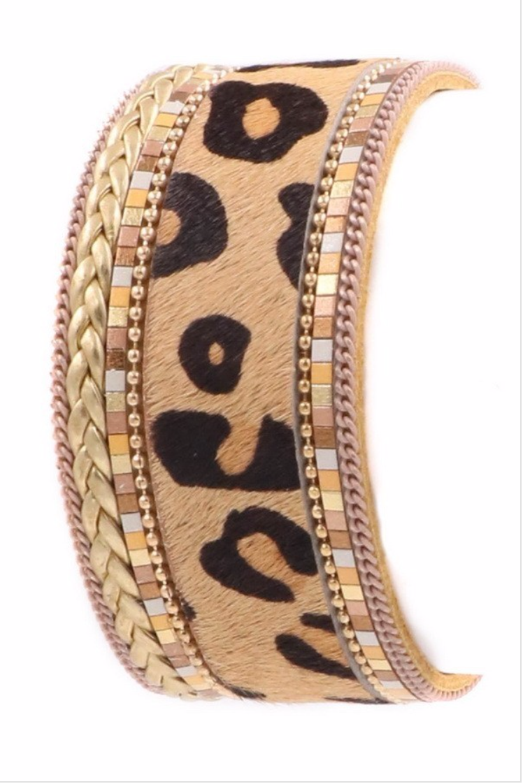 Leopard print bracelet with silver, gold, and bronze accents