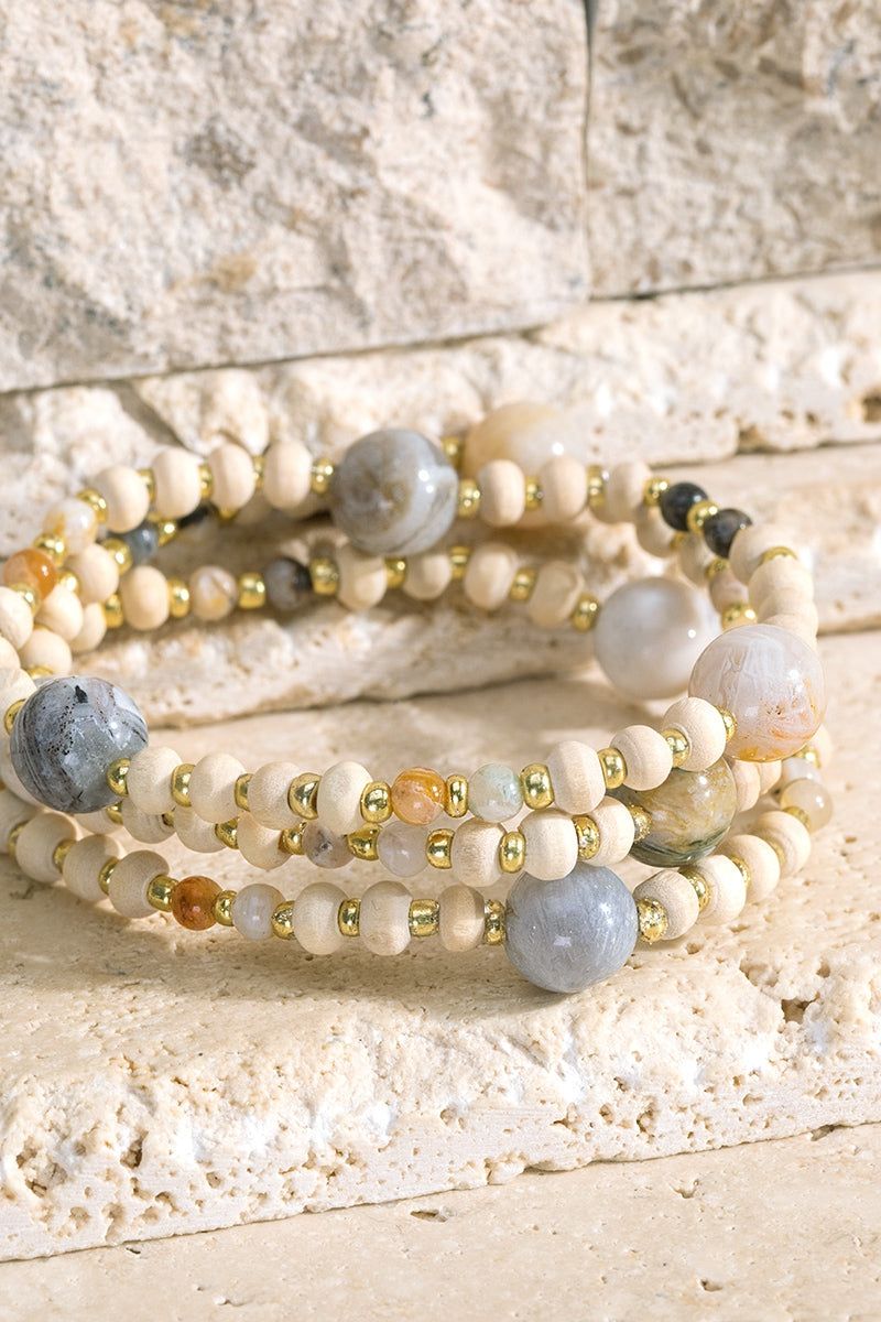 Wood & Natural stone bead 3 set stretch bracelet
