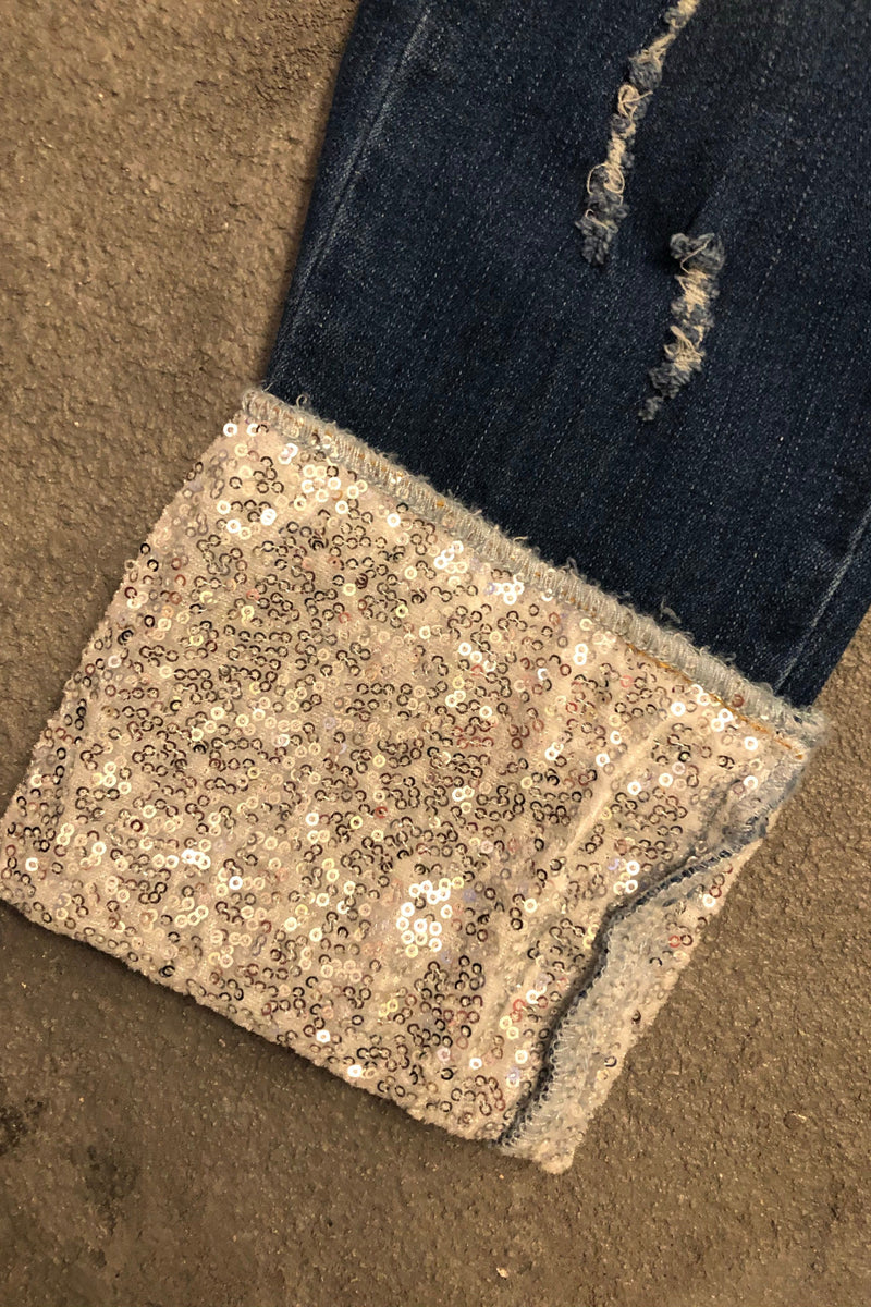 Mid-rise jeans with sequin patches and cuffs