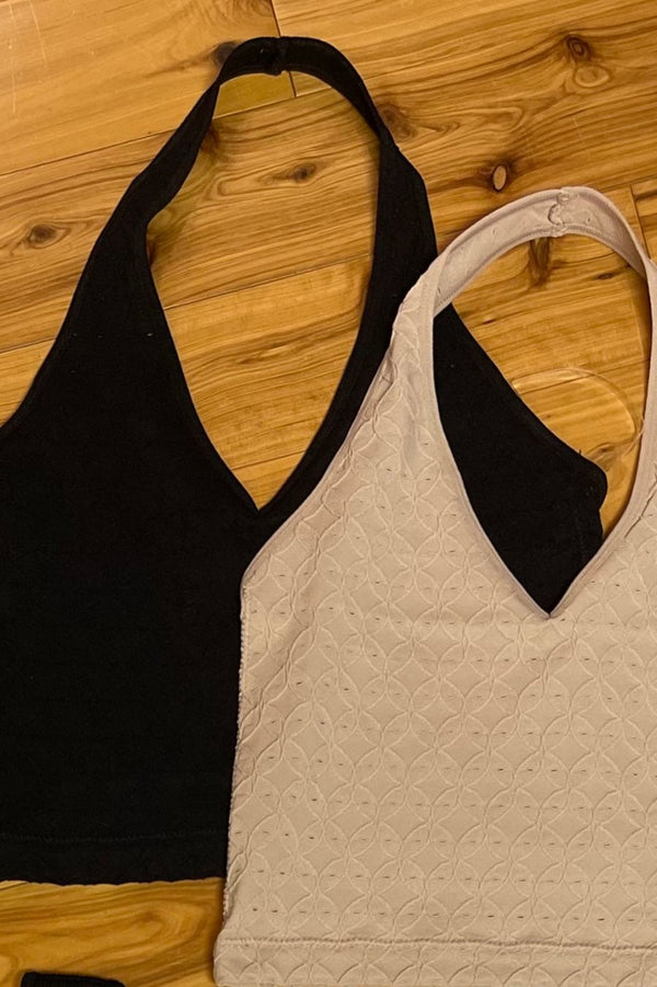 Halter crop tank with knitted pattern