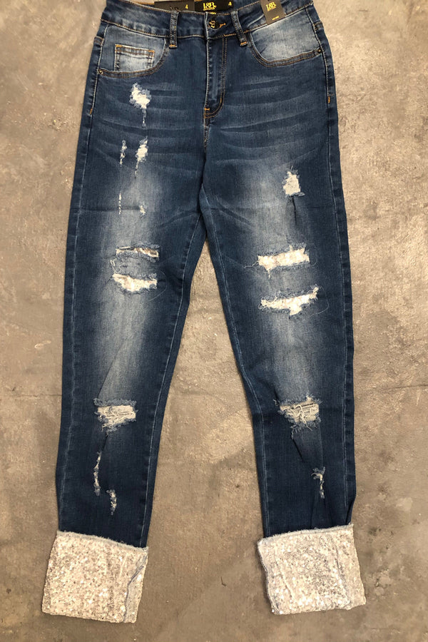 Mid-rise jeans with sequin patches and cuffs