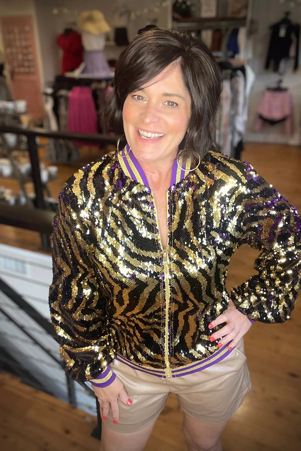 Tiger Stripe Sequin Jacket Flounce sleeve